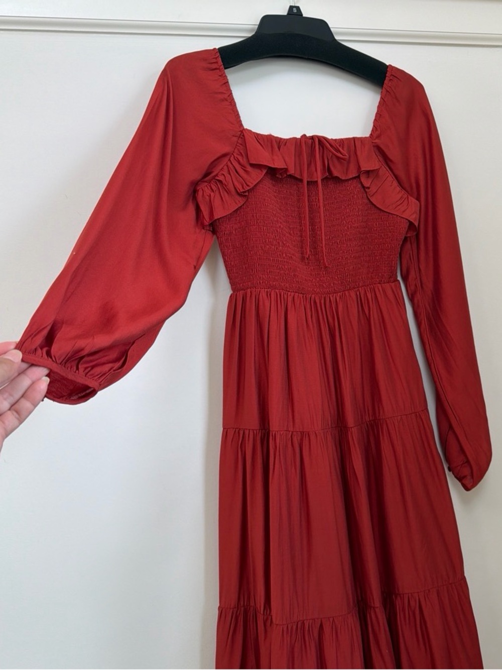 in february Rust Smocked Tiered Ruffle Maxi Dress Square Neck Size S NWT
